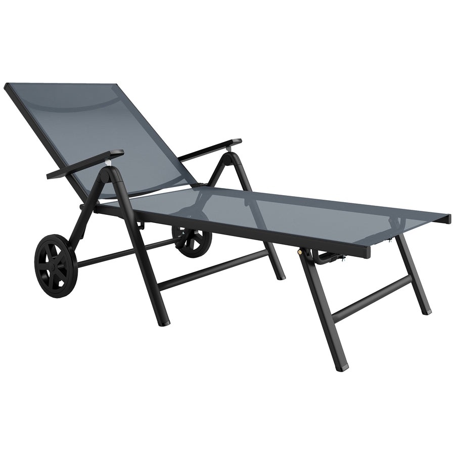 Outsunny Folding Sun Lounger w/ Wheels, 5-Position Adjustable Sunbed, Grey