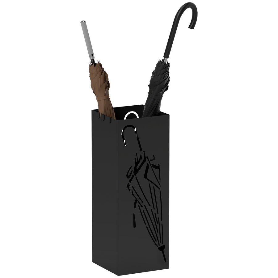 HOMCOM Square Umbrella Holder with Hooks and Water Tray for Entryway Black