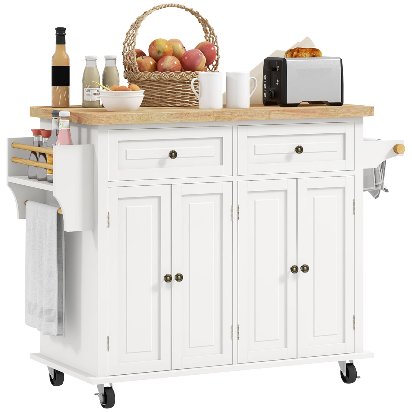 HOMCOM Rolling Kitchen Island Cart with Rubber Wood Top, Cream White
