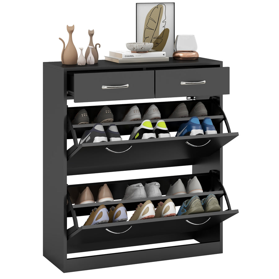 HOMCOM Slim Shoe Cabinet with 2 Flip Drawers for 12 Pairs of Shoes, Black