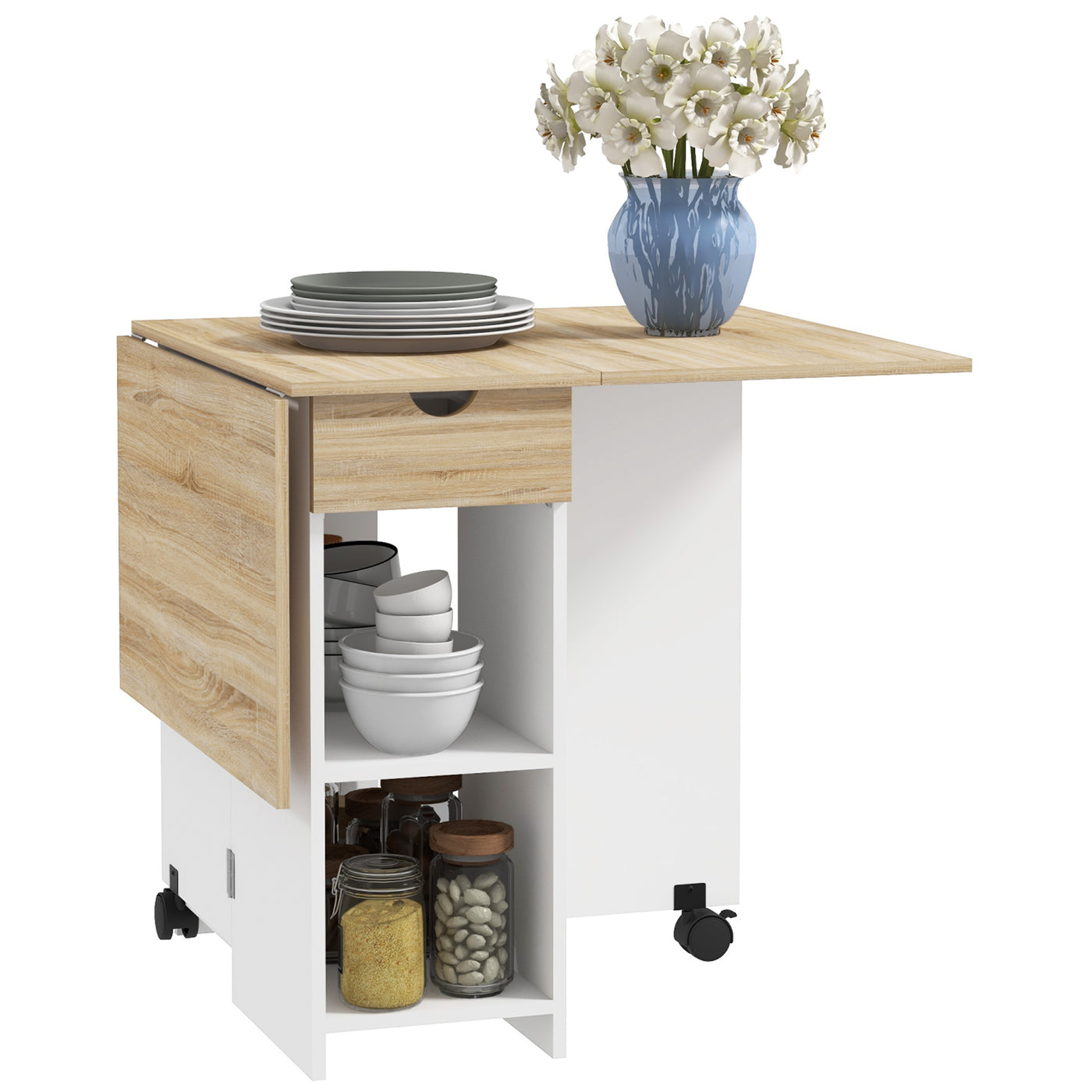 HOMCOM Foldable Dining Table with Storage for Kitchen, Oak