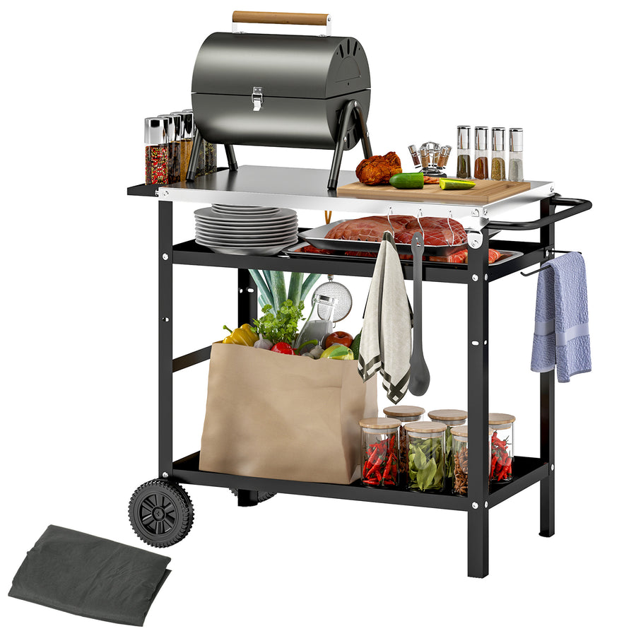 Outsunny BBQ Trolley with Stainless Steel Top, Movable Pizza Table, Black