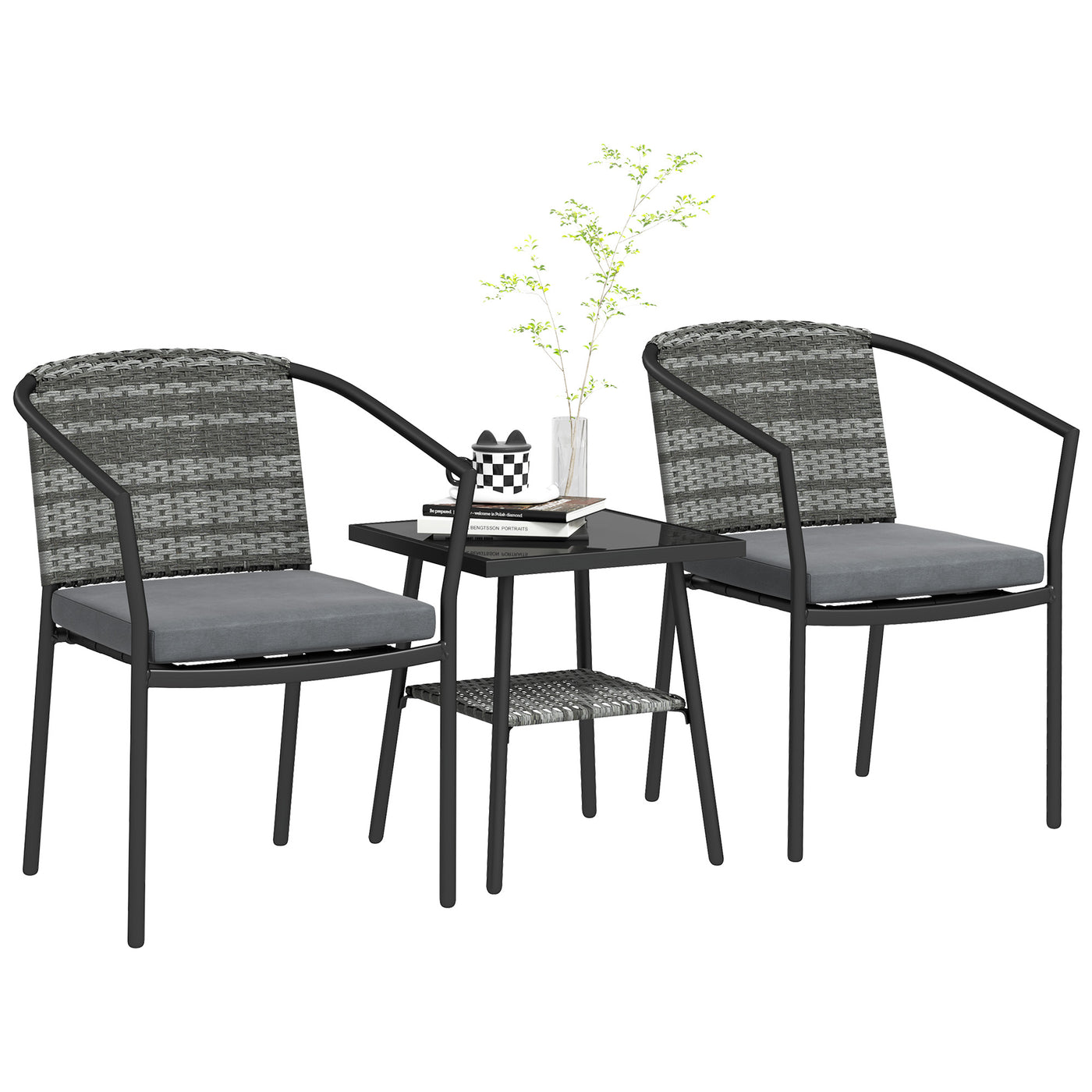 Outsunny 3 Piece Rattan Bistro Set with Cushions, Glass Top Coffee Table and Chairs