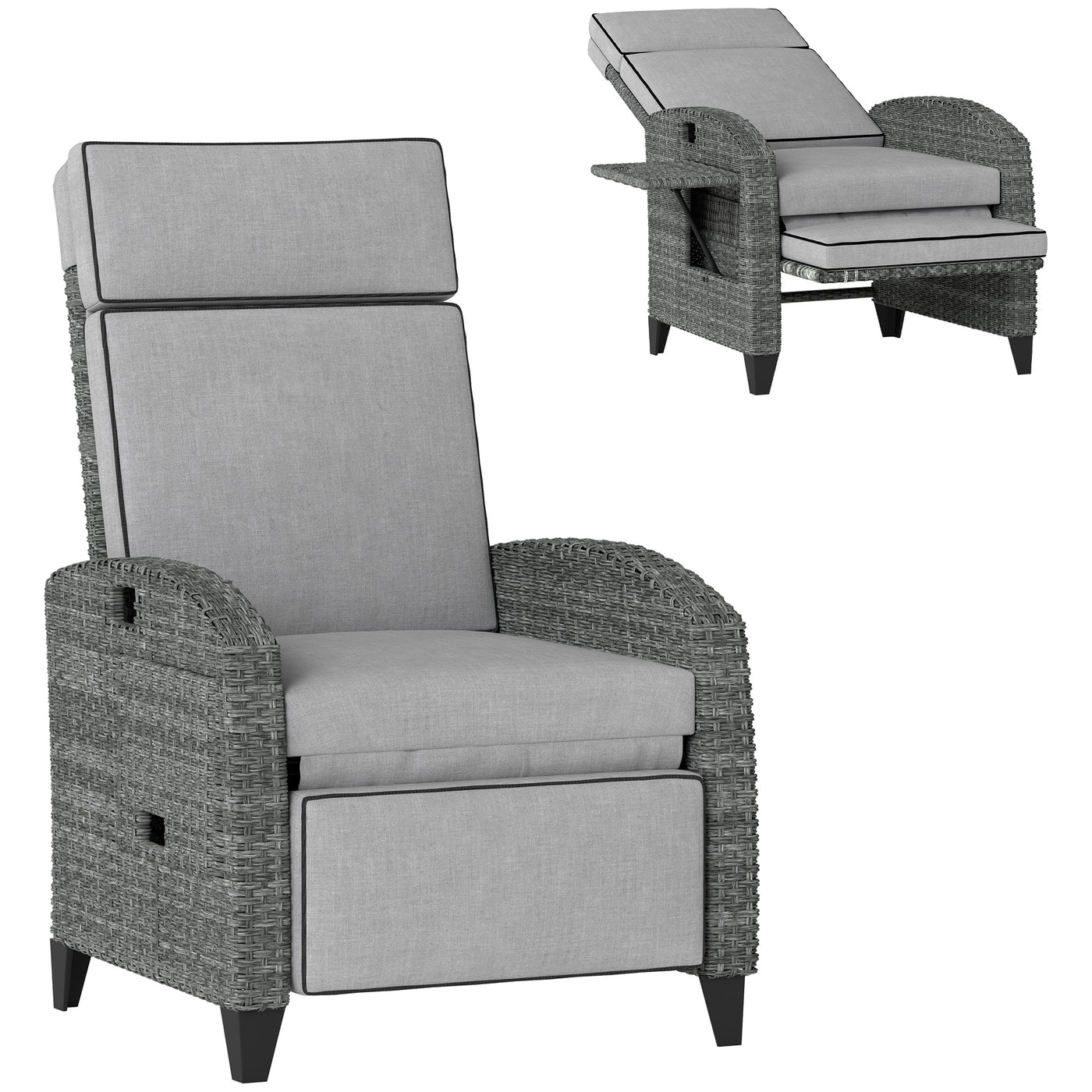 Outsunny Outdoor Recliner Chair w/ Cushion Rattan Reclining Lounge Chair, Grey