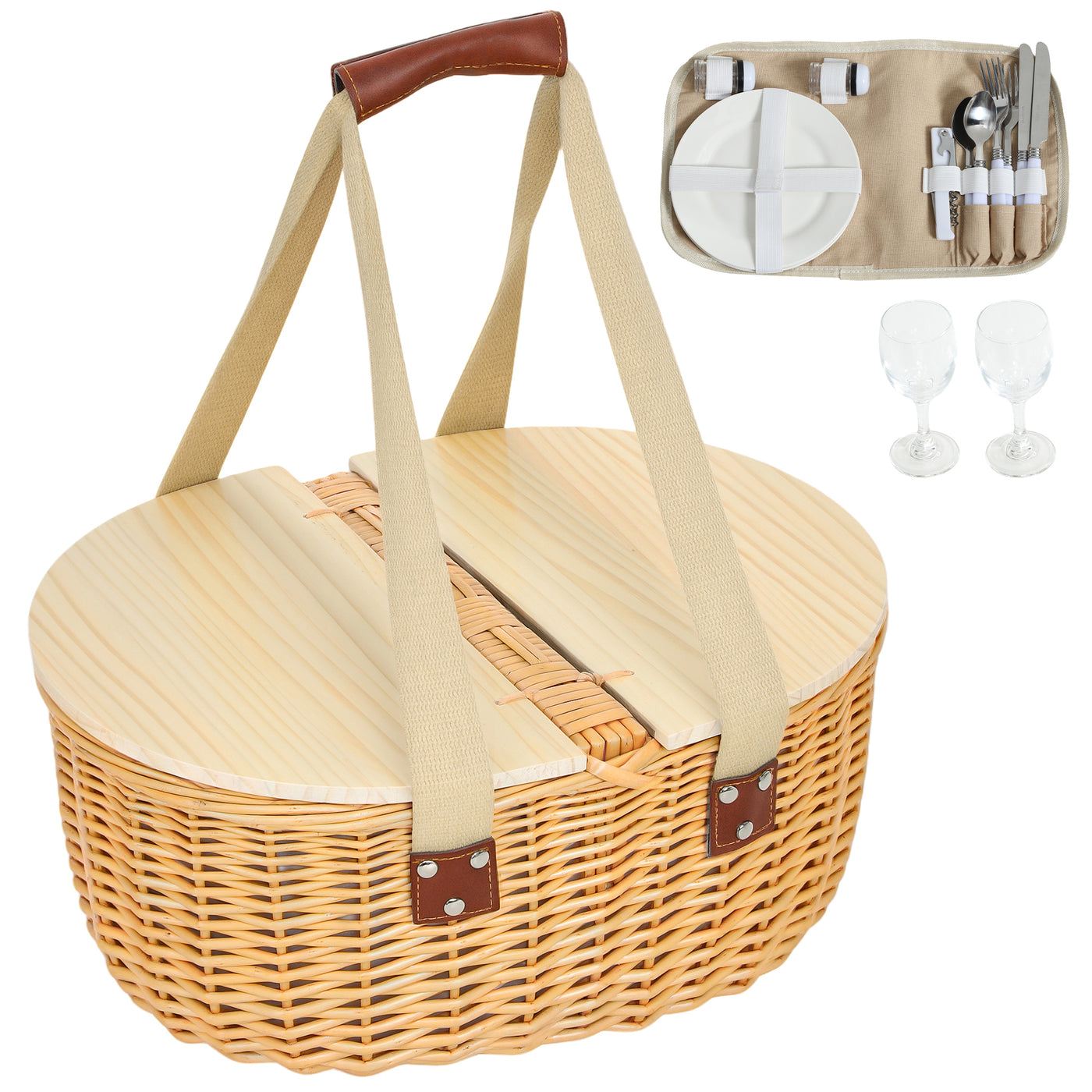 Outsunny Wicker Picnic Basket for 2 with Pine Wood Lid, Light Brown