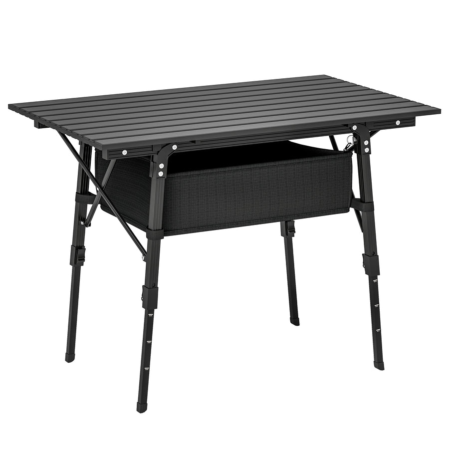 Outsunny Folding Camping Table w/ Adjustable Height, Storage Basket, Black