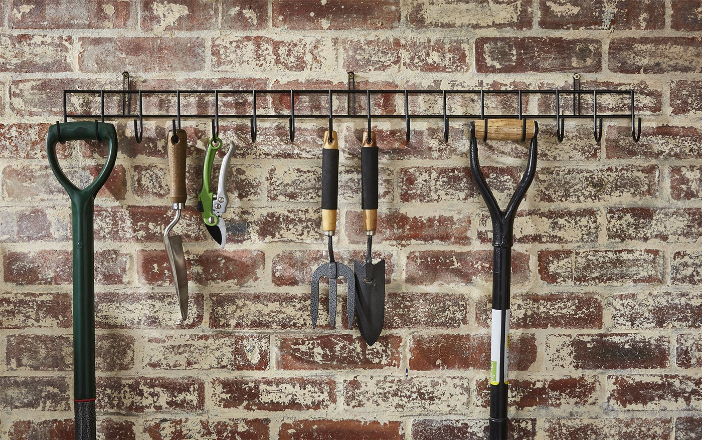 Extra-Long Tool Rack, Black Powder Coated Steel, 16 Hooks