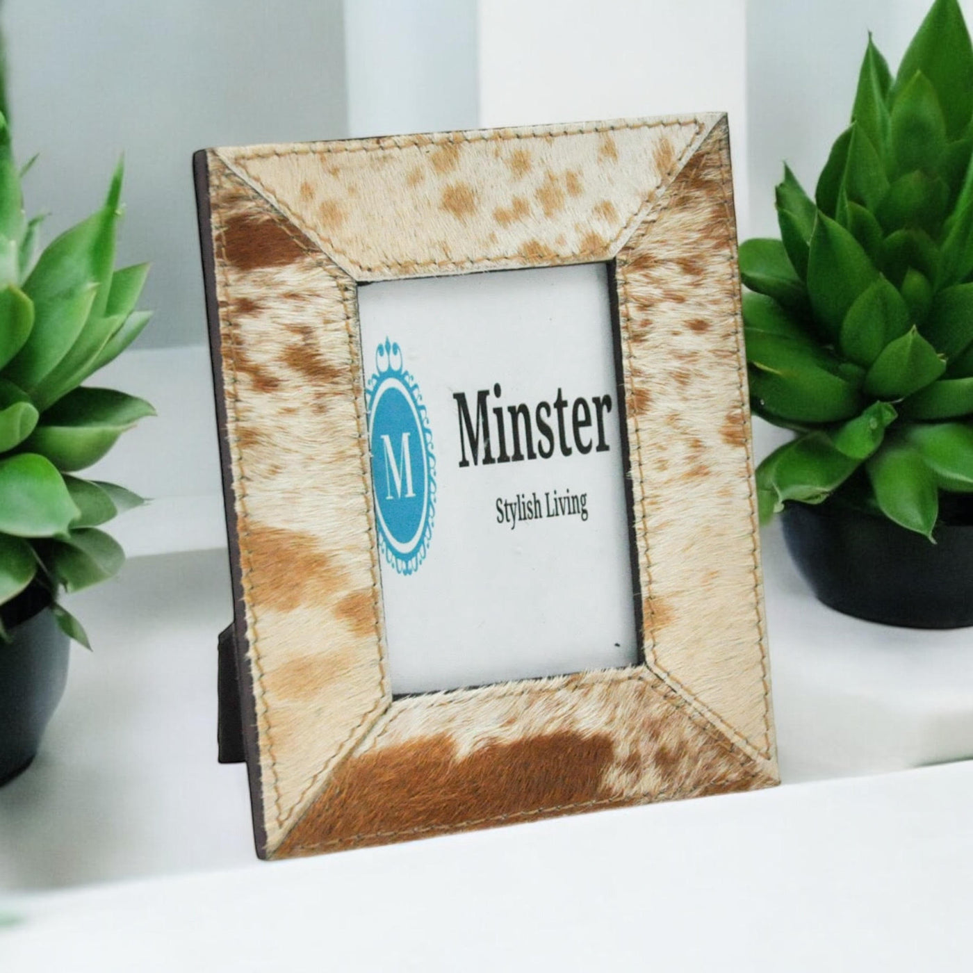 3.5" X 4" TAND AND WHITE COW-HIDE P/FRAME