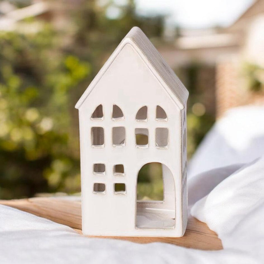 21CM CREAM CERAMIC HOUSE TEALIGHT HOLDER