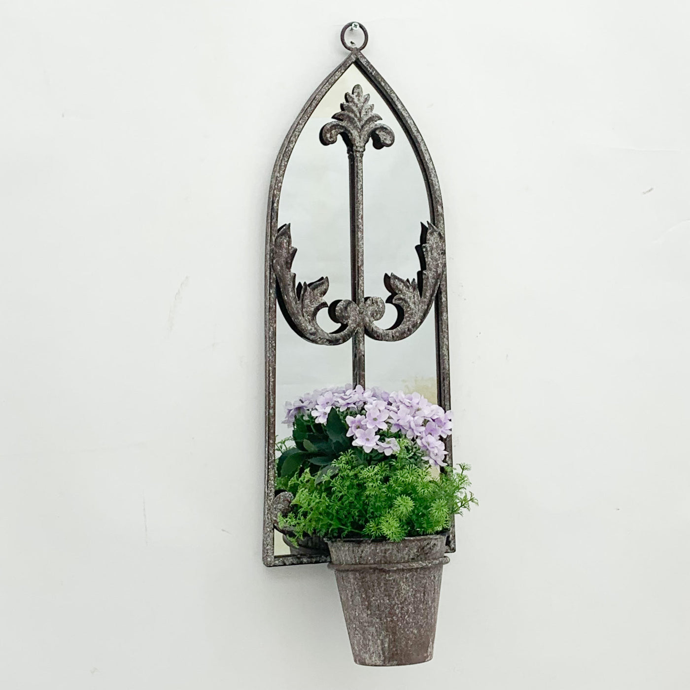 64cm Rusty Wall Mirror with Single Planter