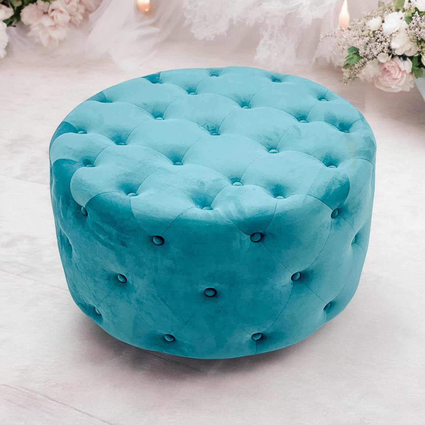 80 x 80 cm Blue Buttoned Round Footstool
