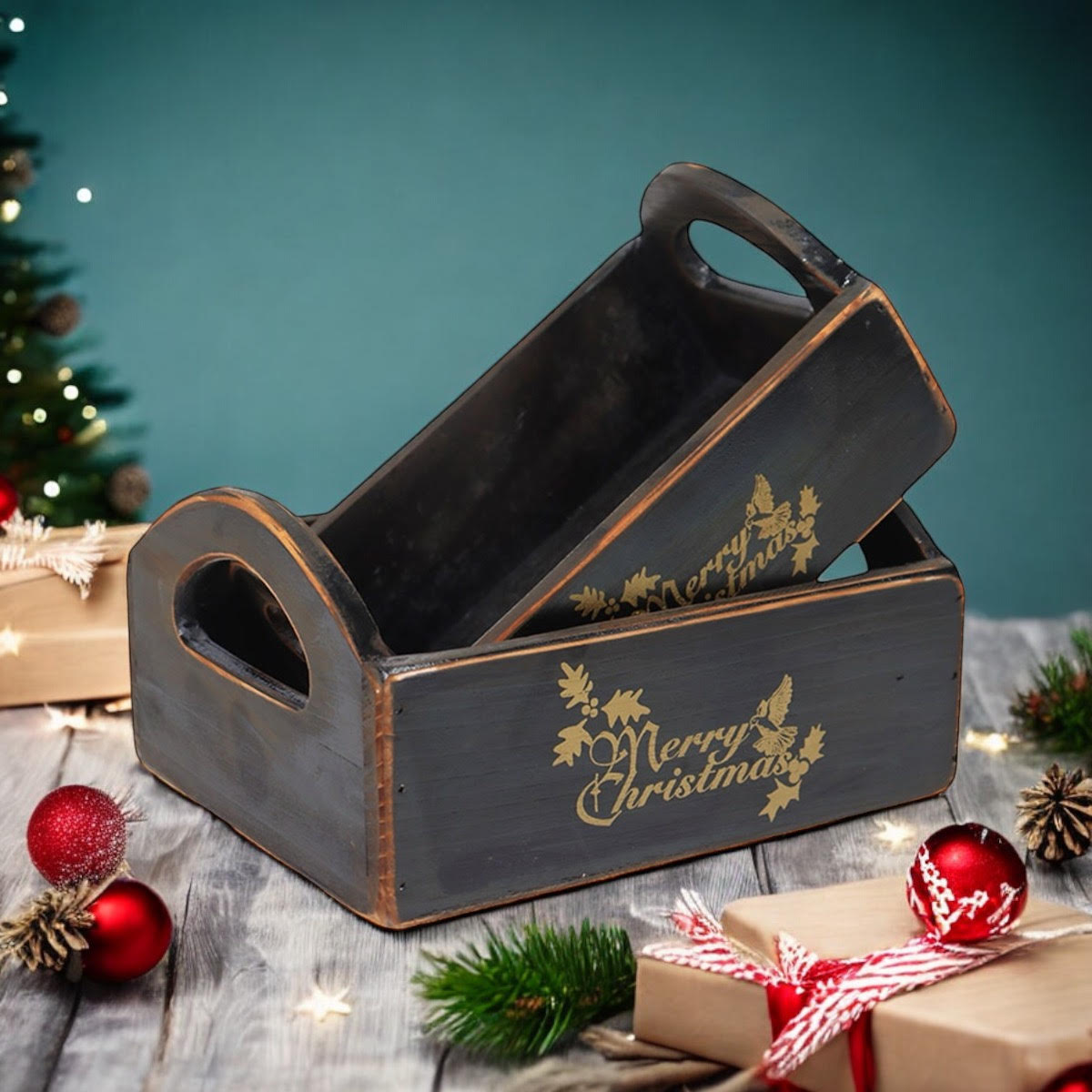 SET 2 BLACK WOODEN CRATES