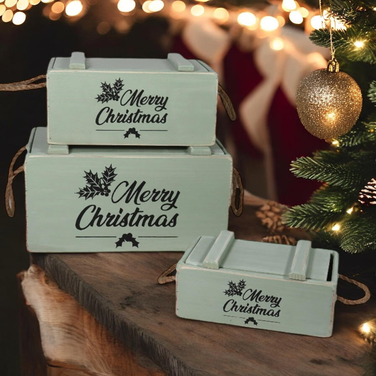 S/3 RUSTIC GREEN CRATES WITH LIDS ROPE HAN