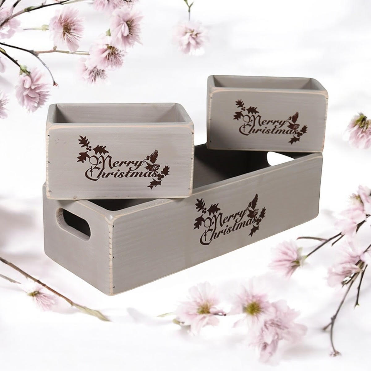 Set of 3 Rustic Grey Wooden Boxes 34/15/15cm
