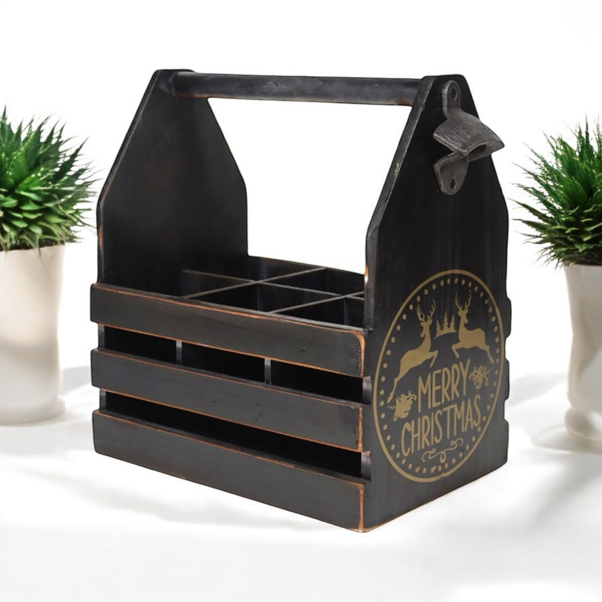 Black 6 Bottle Holder with Metal Opener