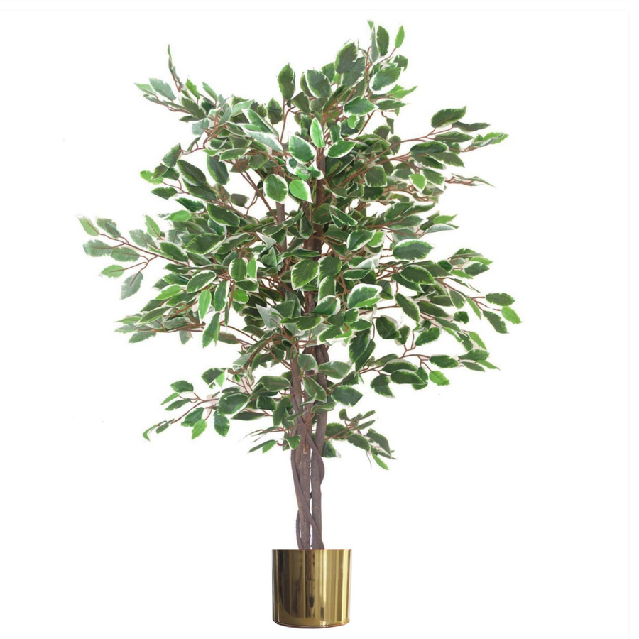 130cm White Edge Ficus Artificial Plant Tree with Gold Metal Planter