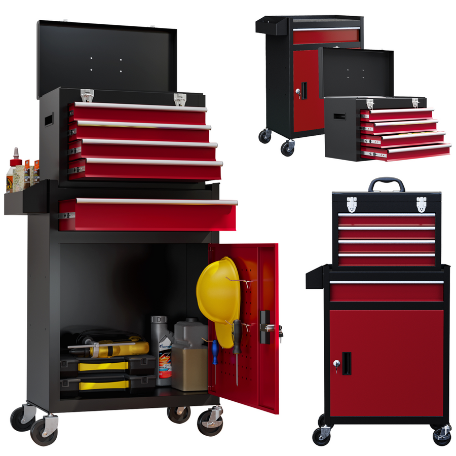 HOMCOM Tool Cabinet on Wheels with 5 Drawers and Top Tool Chest Roller Cabinet Combo