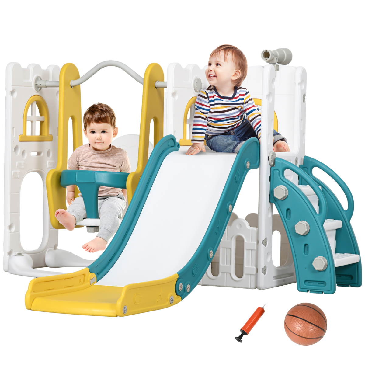 AIYAPLAY 6-in-1 Toddler Climber and Set with Basketball Hoop and Telescope