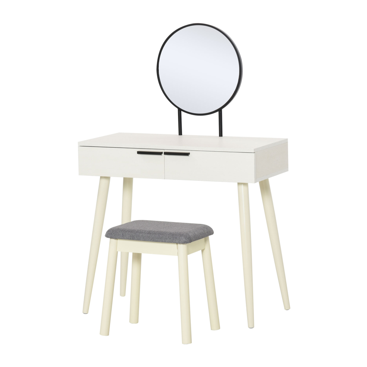 Dressing Table Vanity Set Makeup Desk with Round Mirror and Cushioned Stool