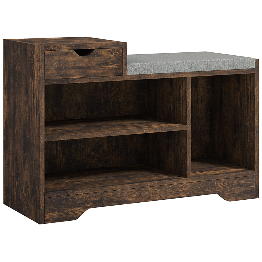 HOMCOM Upholstered Entryway Shoe Bench with Storage Drawer and Open Shelf, Brown