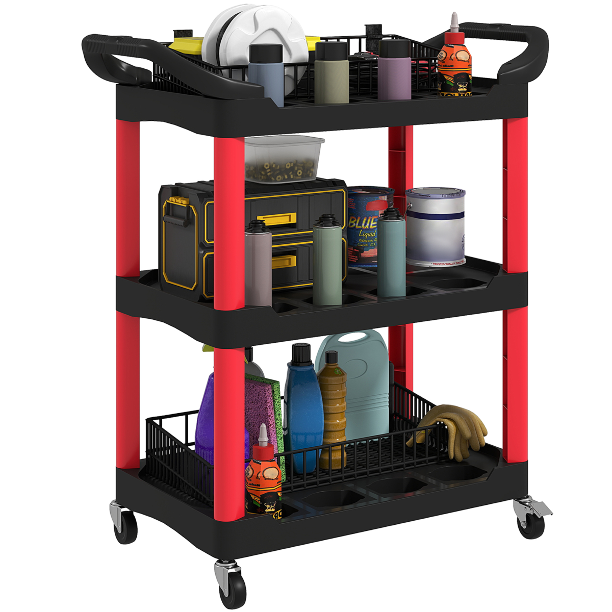 HOMCOM 3-Tier Rolling Tool Cart on Wheels for Garage, Black