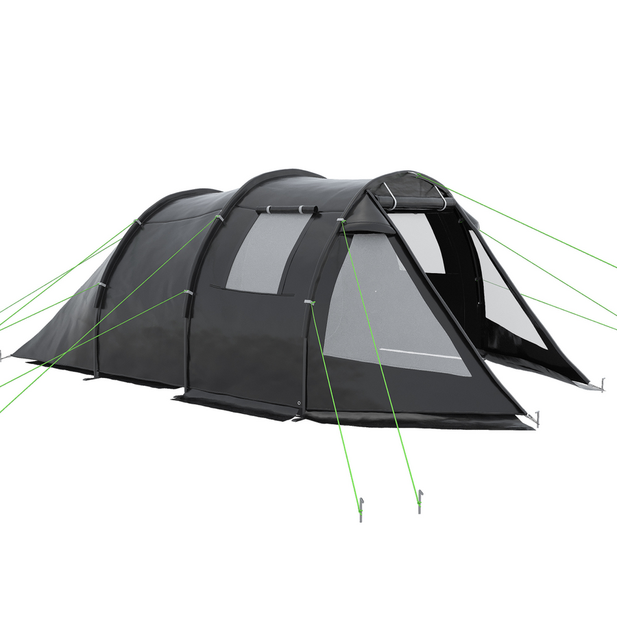Outsunny 3-4 Persons Tunnel Tent, Two Room Camping Tent with Windows, Black