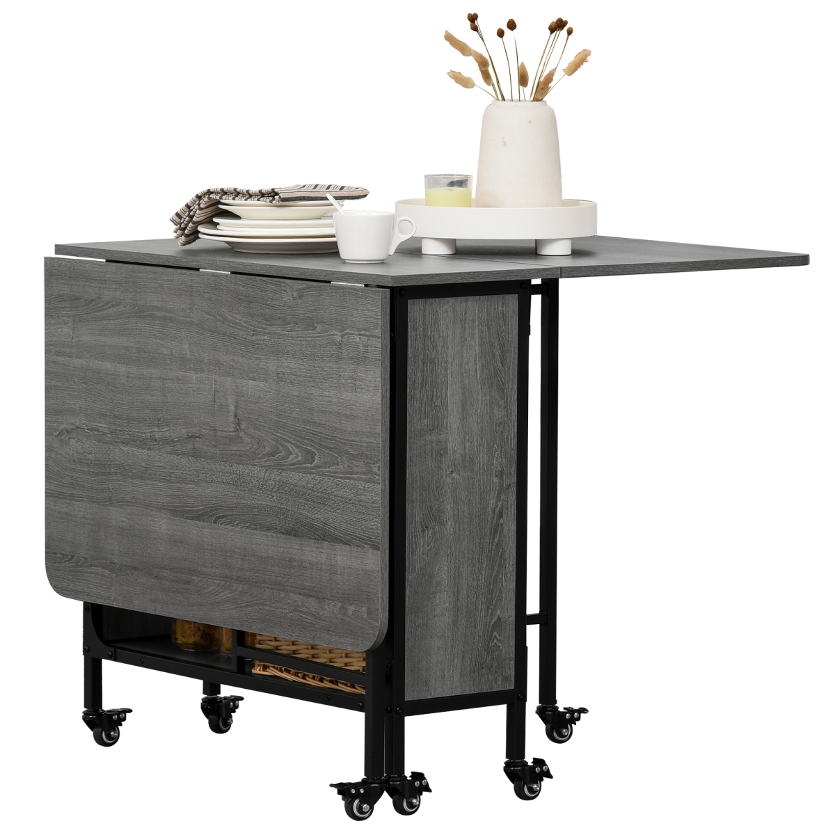 Mobile Drop Leaf Extendable Dining Table with Storage Shelf and 6 Wheels