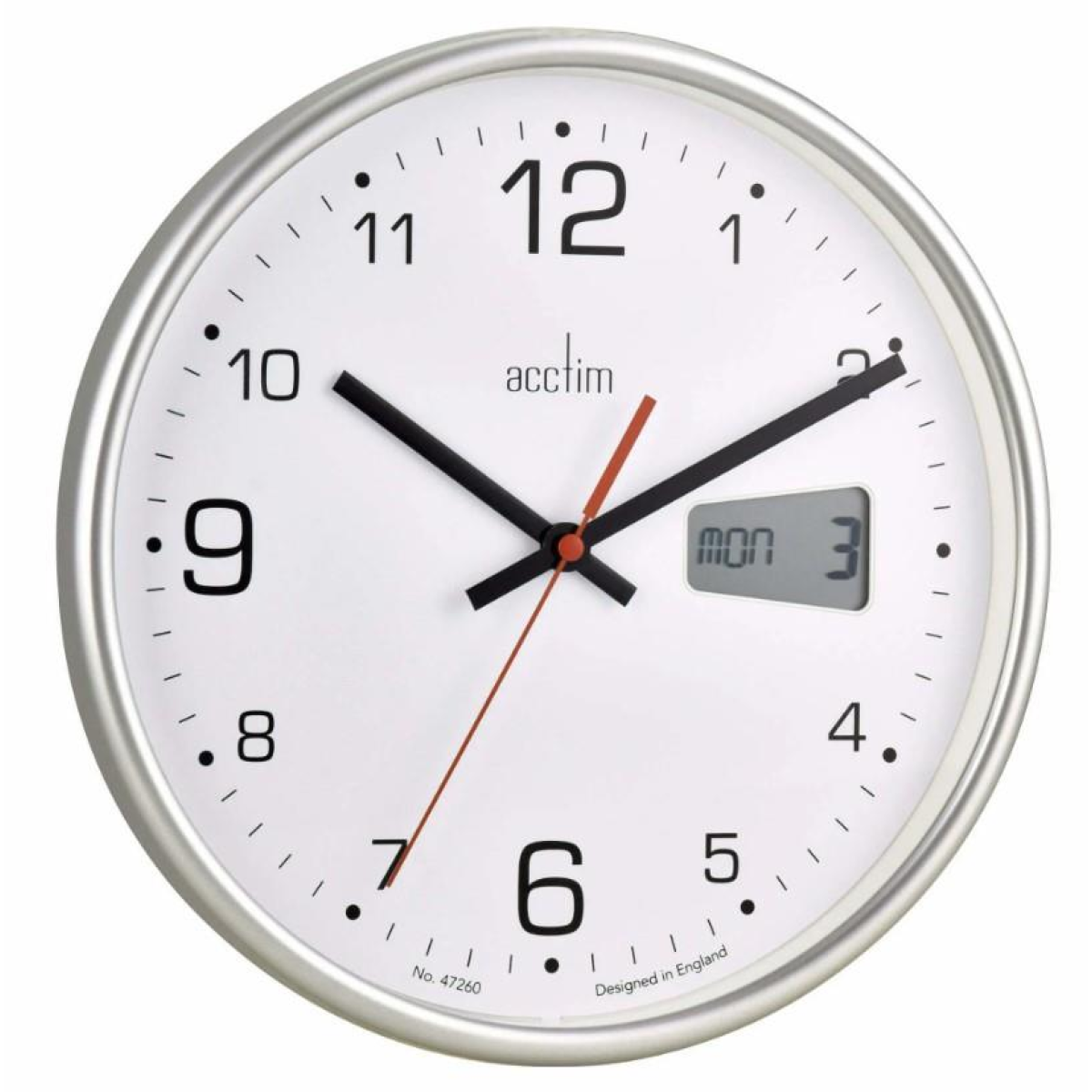 Acctim Kalendar Silver Frame Digital Date 270mm Wall Clock 22367