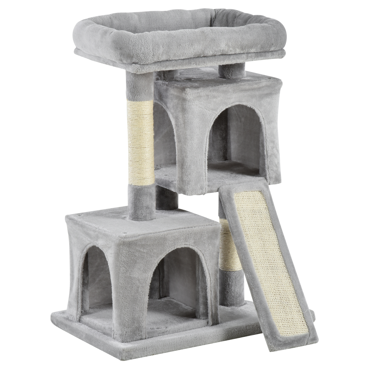 Cat Rest & Play Activity Tree with 2 Houses, Cushion Perch and Scratching Posts, Grey