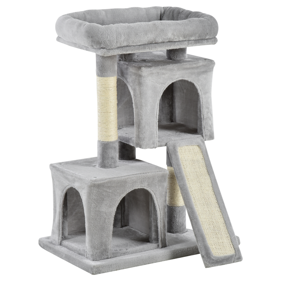 Cat Rest & Play Activity Tree with 2 Houses, Cushion Perch and Scratching Posts, Grey