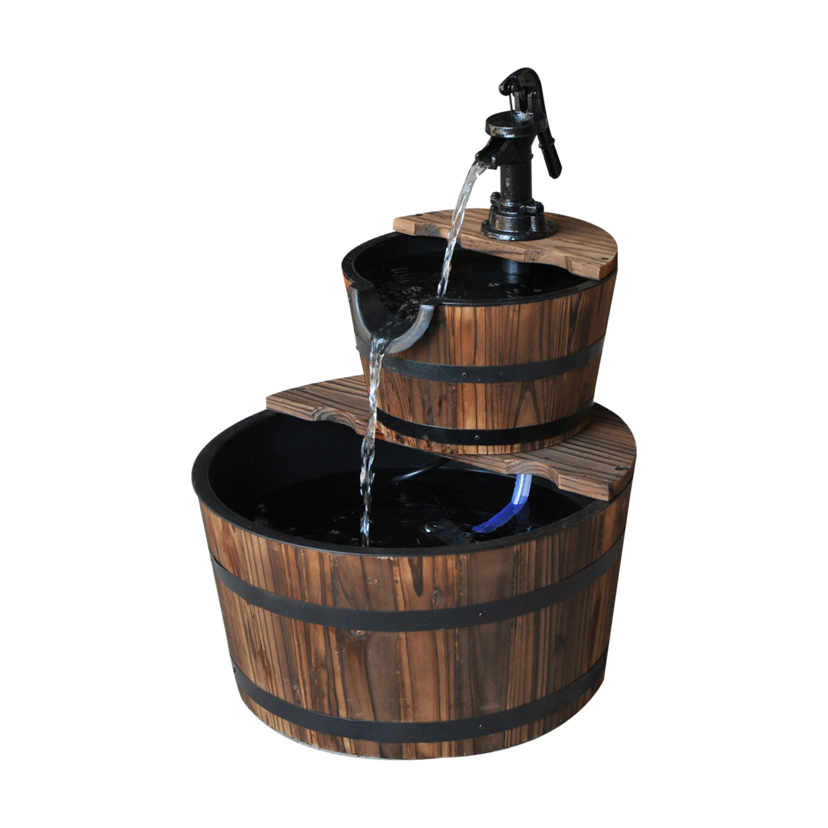 Wooden Water Pump Fountain, 2 Tier-Fir Wood/Steel