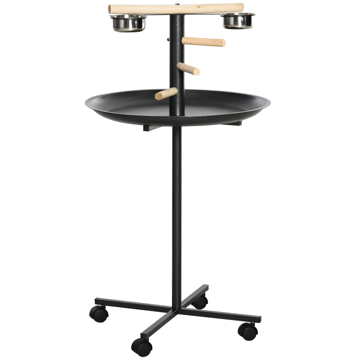 Bird Play Stand Portable Feeder Station with Wooden Perches and Stainless Steel Bowls