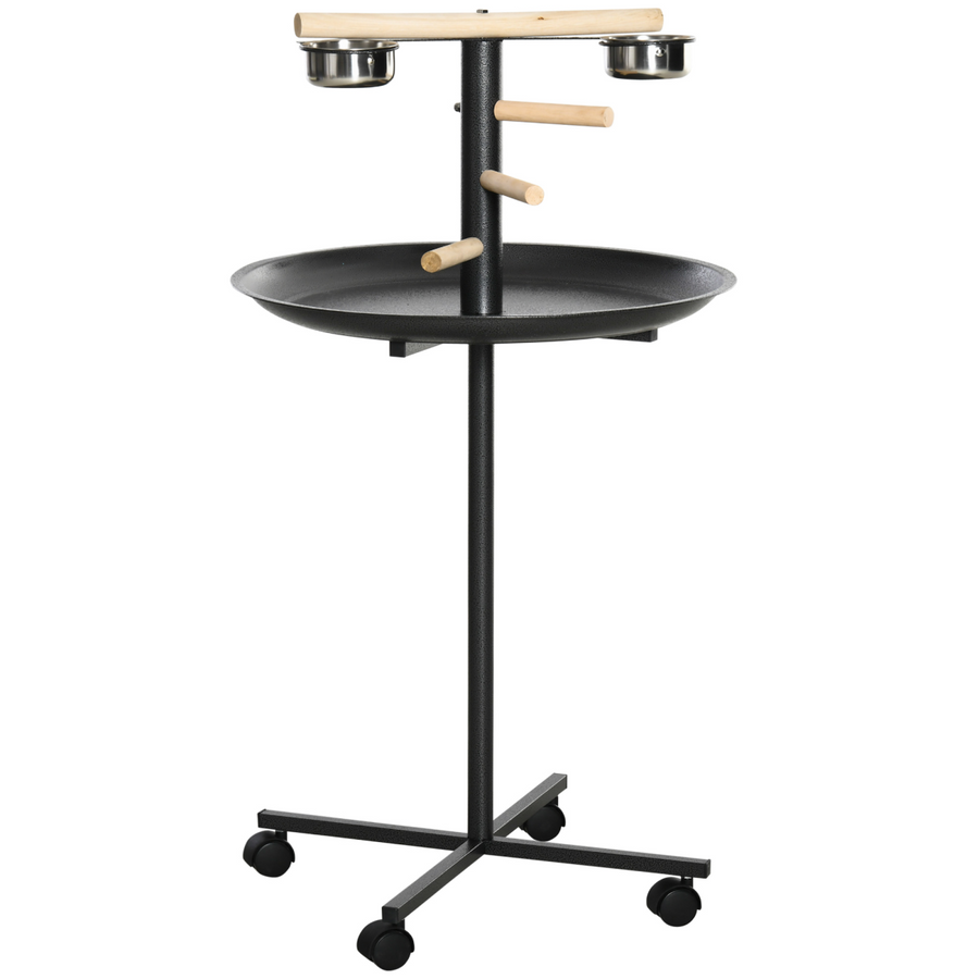 Bird Play Stand Portable Feeder Station with Wooden Perches and Stainless Steel Bowls