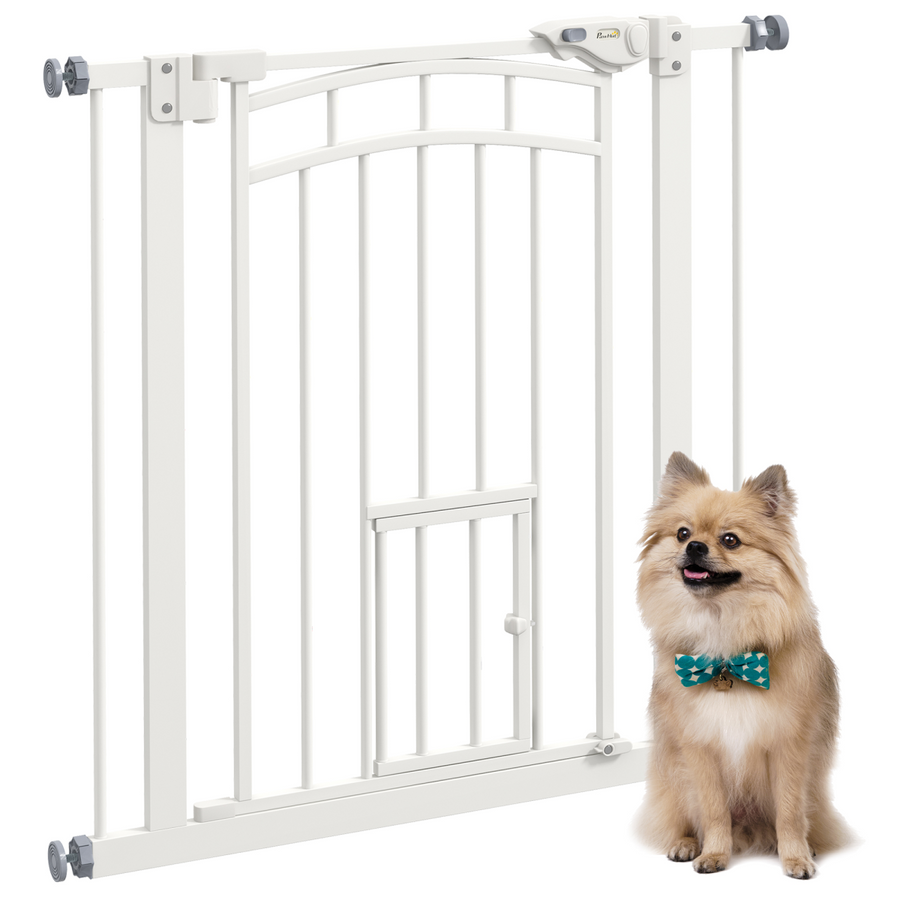 PawHut Pressure Fit Safety Gate Dog Gate with Small Cat Door Opening, 74-80cm