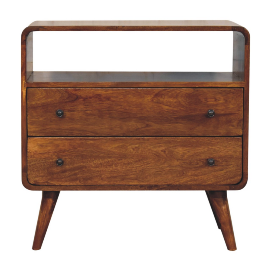Artisan Furniture Solid Wood Curved Nordic Charm Chest, 2 Drawers, 1 Shelf, Dark Brown