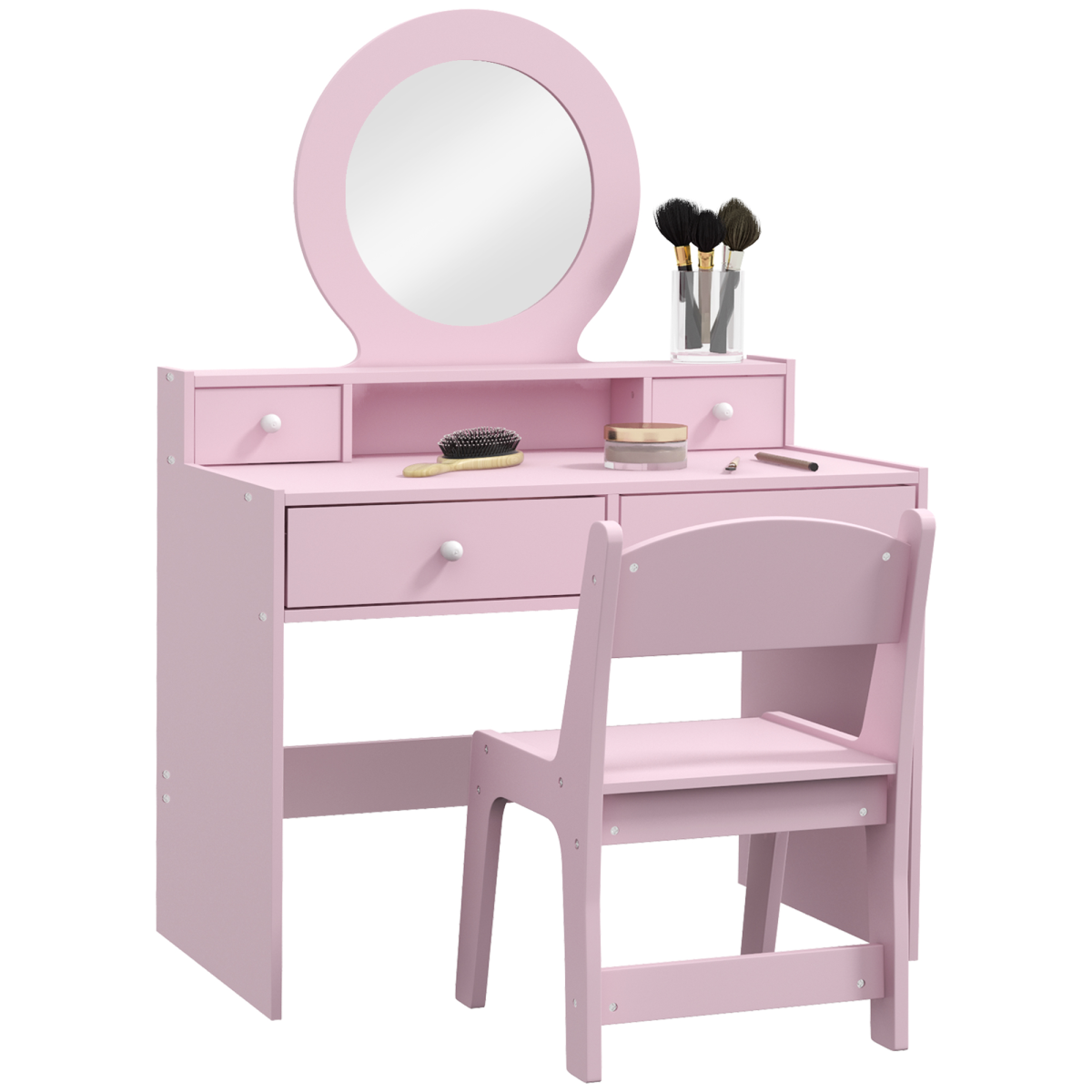 AIYAPLAY Kids Dressing Table Set with Stool, Mirror and Drawers, Pink