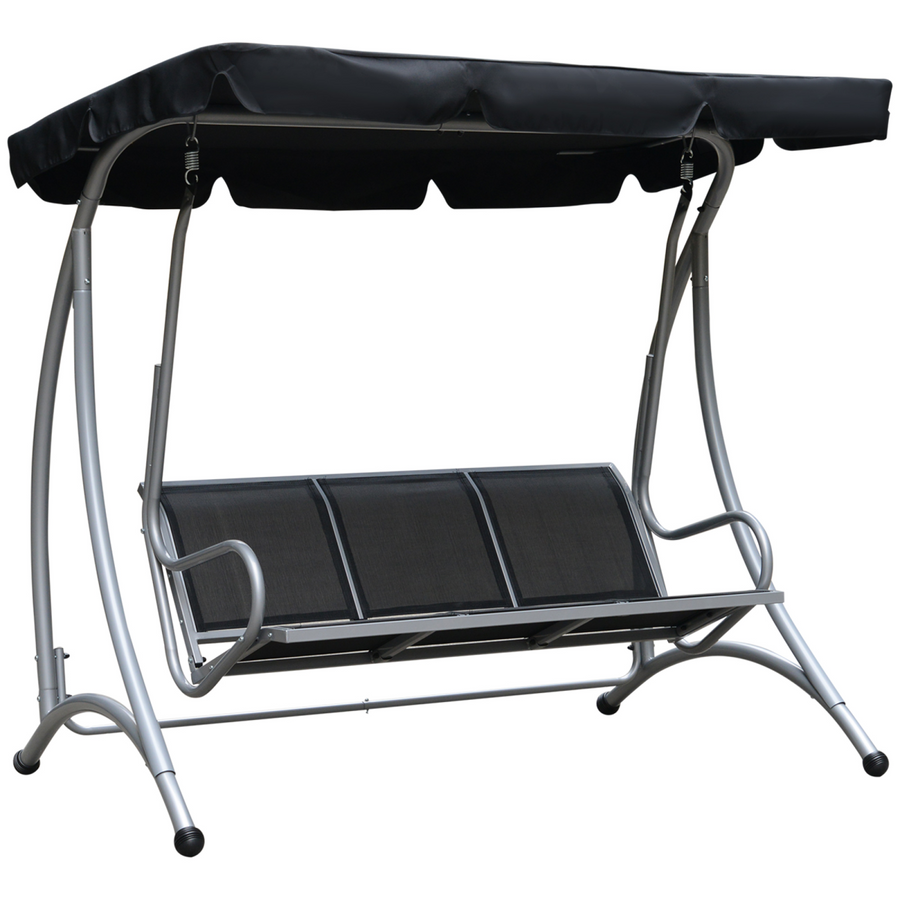 3 Person Steel Swing Chair with Adjustable Canopy - Black Seat