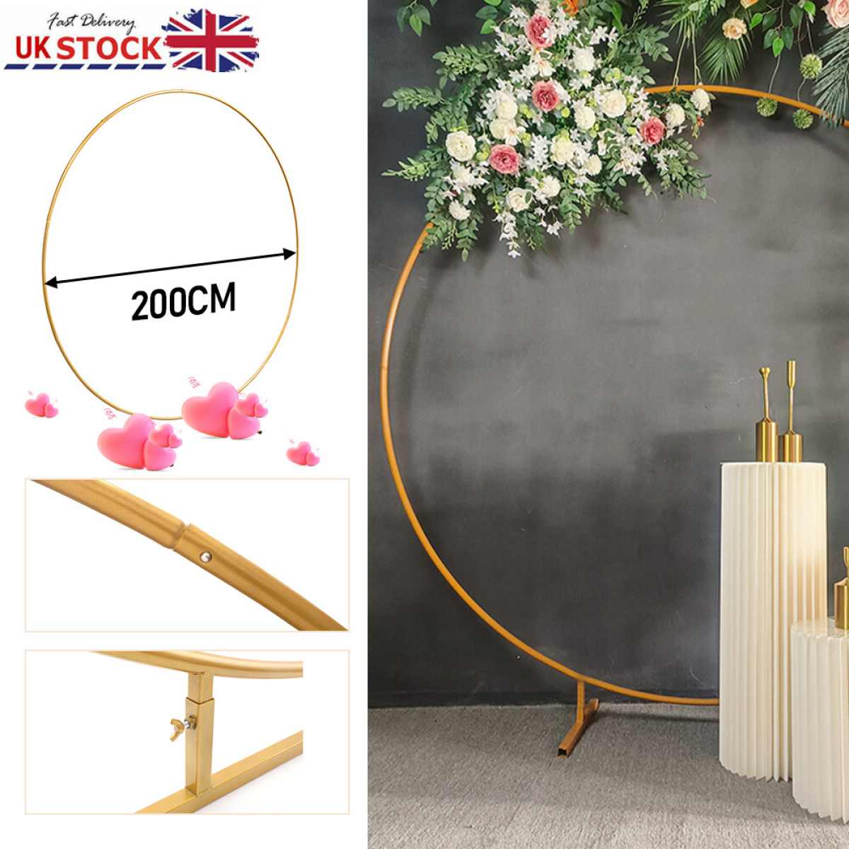 2M Round Hoop Balloon Arch Backdrop Flower Gold Display Stand Frame