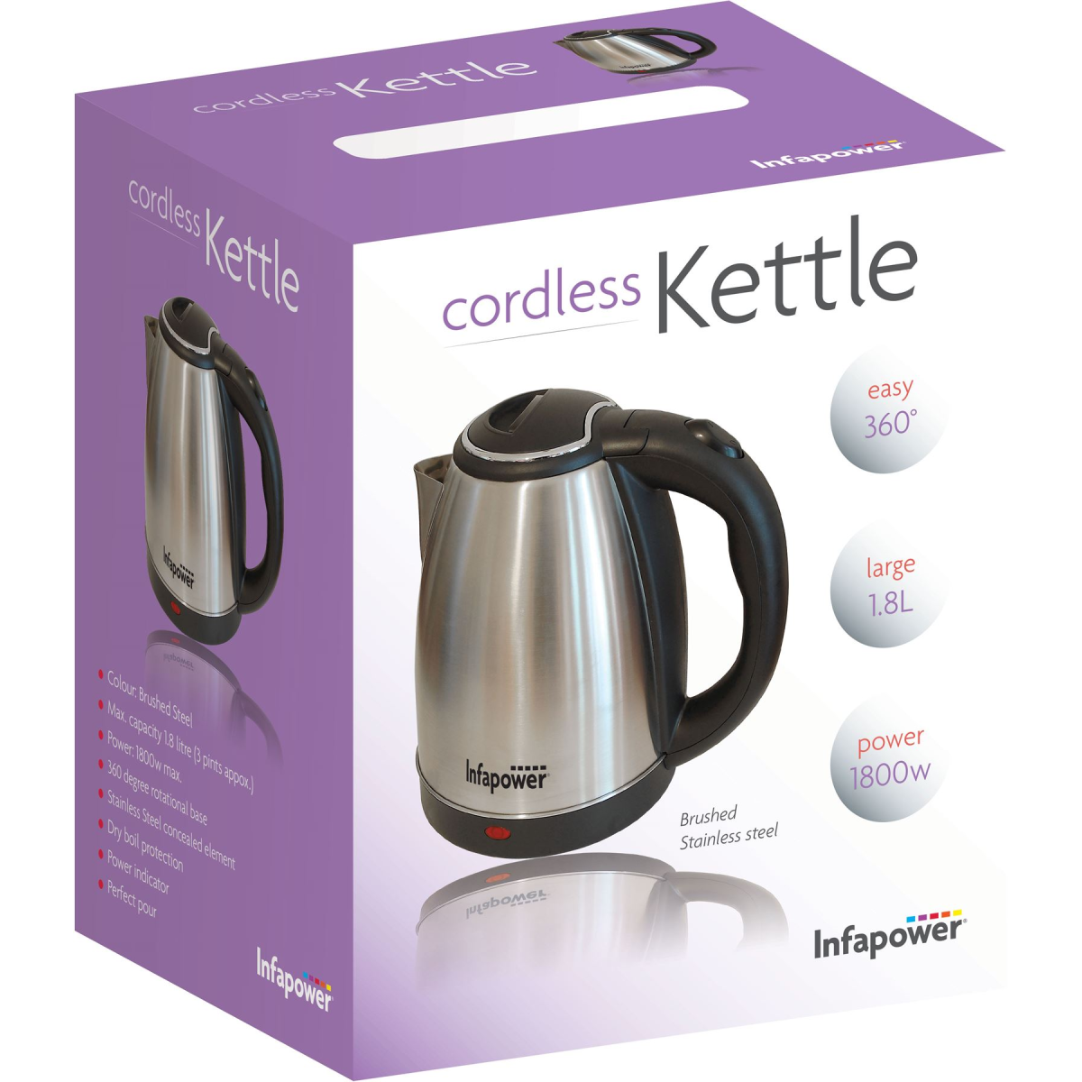 Infapower 1800W 1.8L Cordless Brushed Stainless Kettle