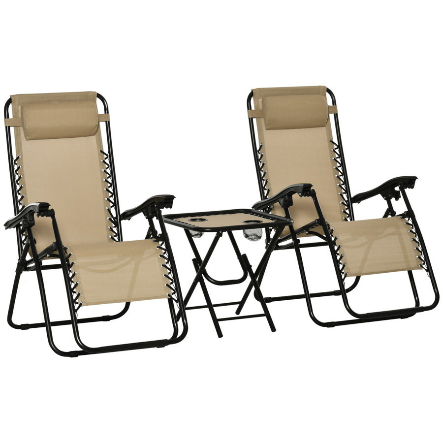 3PC Zero Gravity Chairs Sun Lounger Table Set with Cup Holders, Beige
