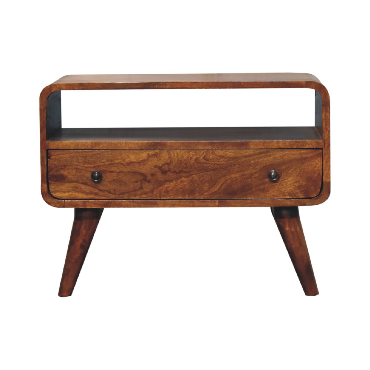 Artisan Furniture Solid Wood Mini Chestnut Curved Media Unit, 1 Drawer, Open Slot, Dark Brown