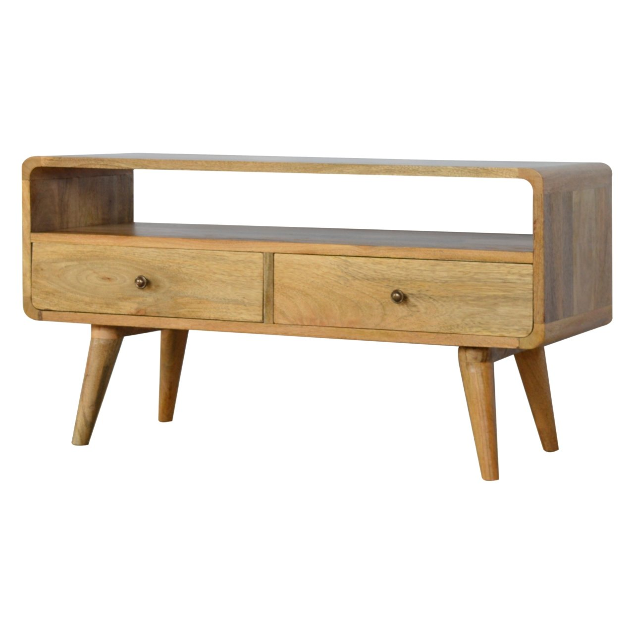 Artisan Furniture Solid Wood Curved Oak-ish Media Unit, 2 Drawers, 1 Open Slot, Brown