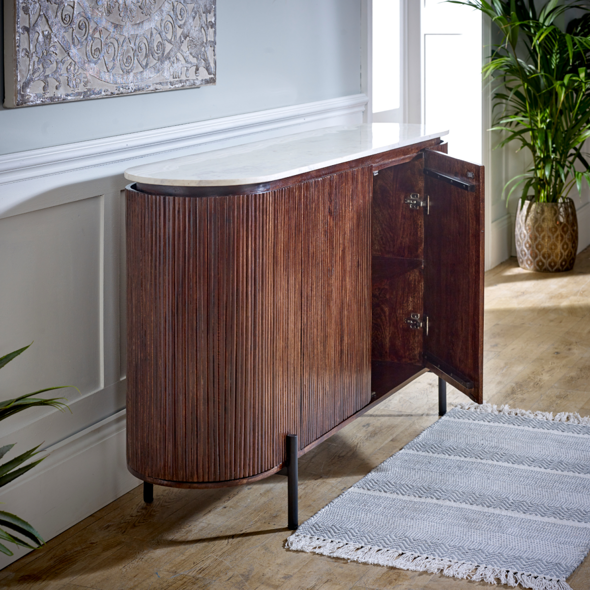Opal Mango Wood Sideboard with Marble Top & Metal Legs