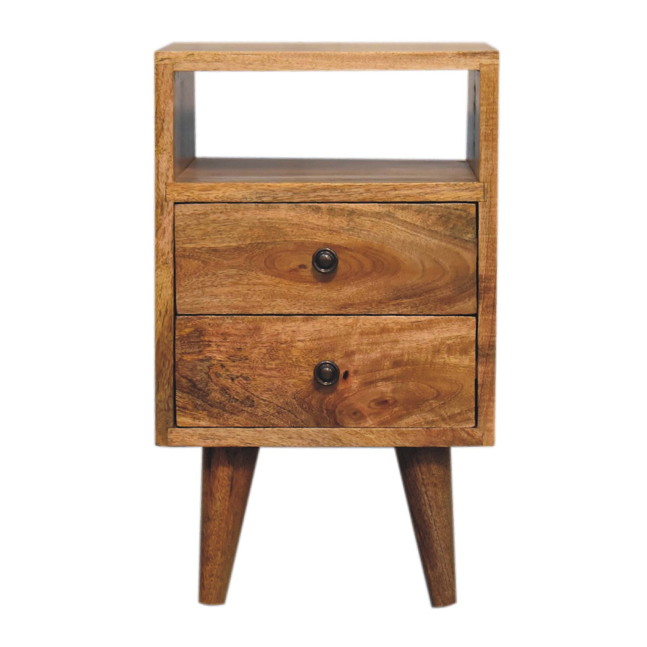 Artisan Furniture Solid Wood Mini Oak-ish Classic Open Bedside, Brown, 2 Drawers, 1 Open Slot