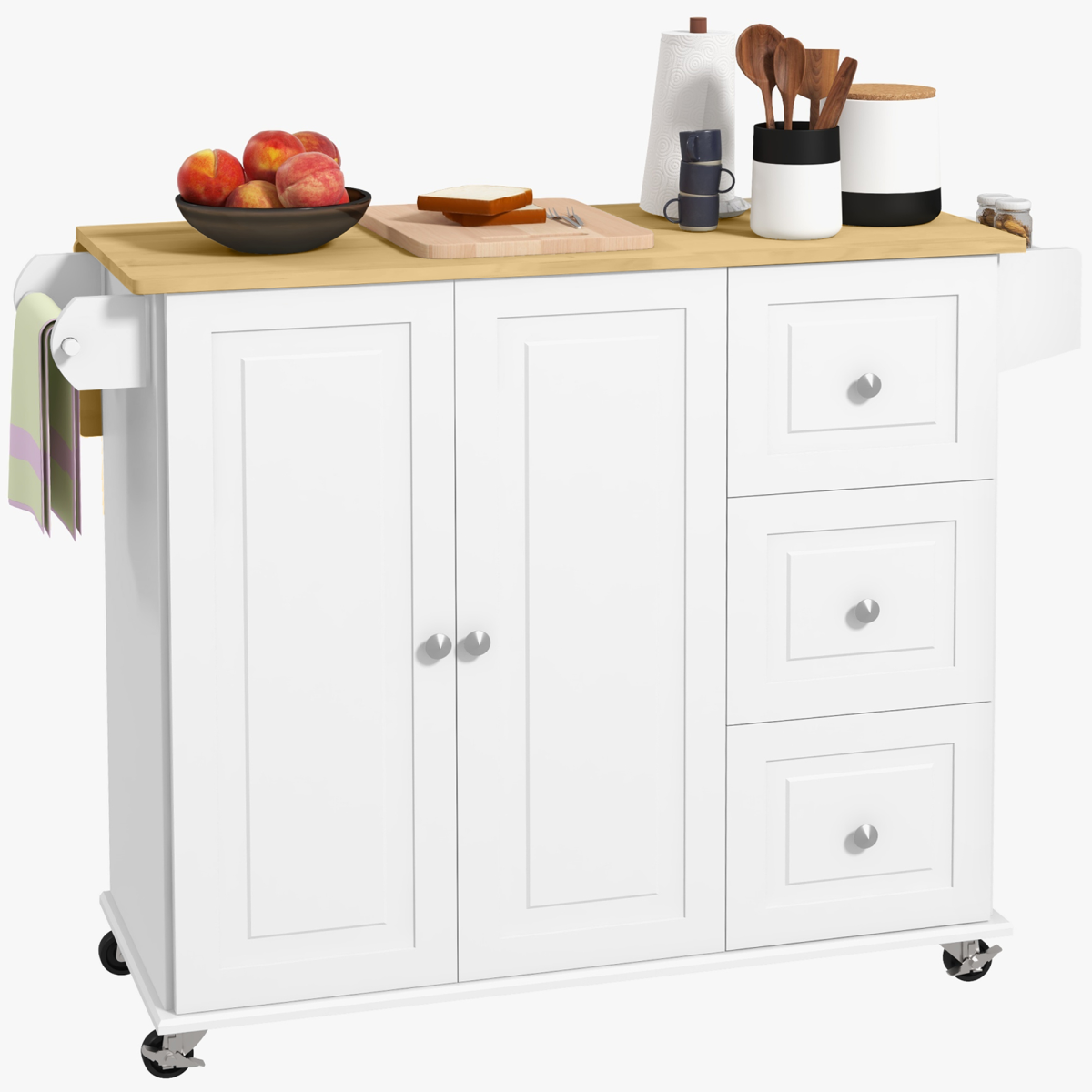 HOMCOM Kitchen Island on Wheels with Drop Leaf, White