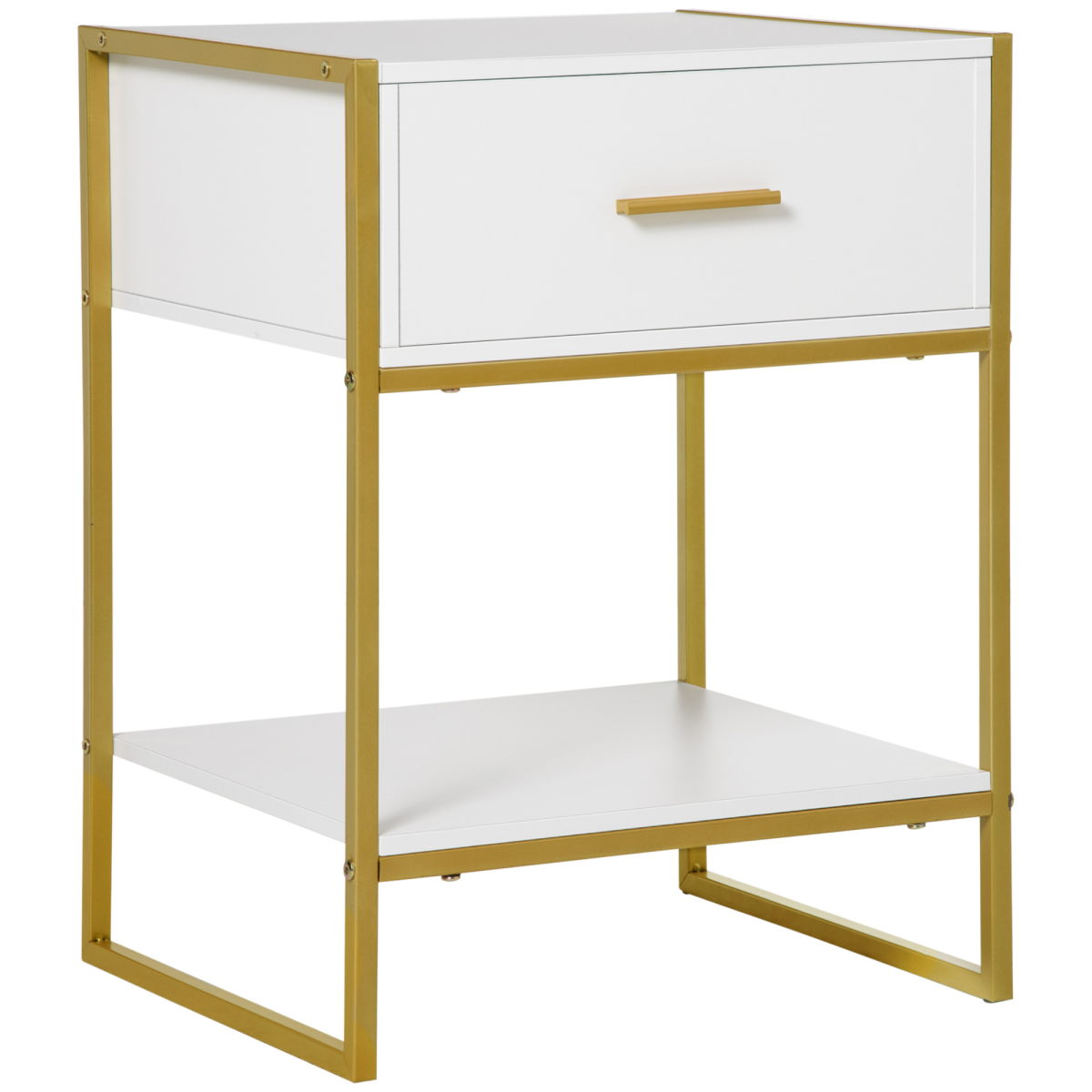 Modern Bedside Table Side Table Nightstand with Drawer and Shelf White Gold