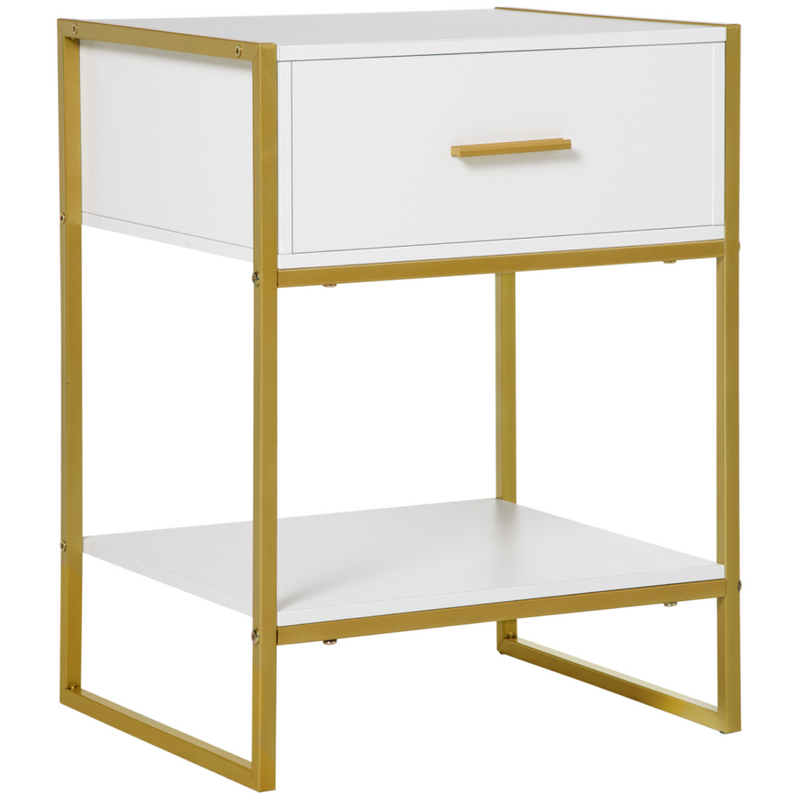 Modern Bedside Table Side Table Nightstand with Drawer and Shelf White Gold