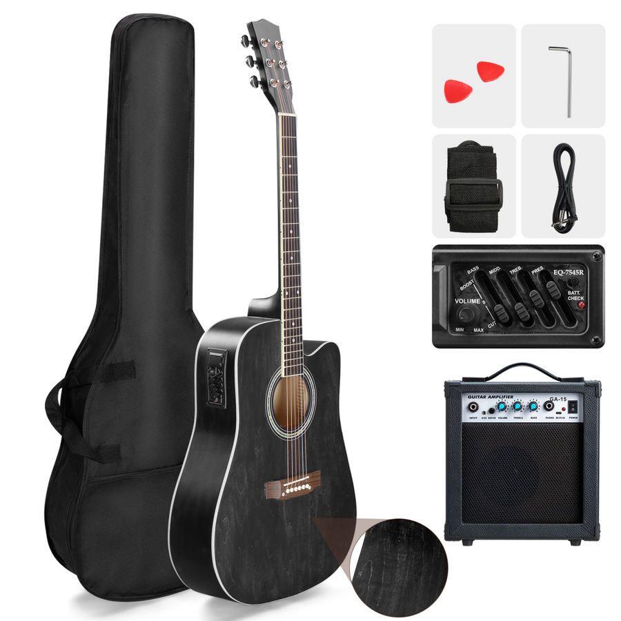 【】KMA101 41In Basswood Panel Matte Edging Folk Guitar with 10W Amplifier Bag Tuner and other Accessories Black