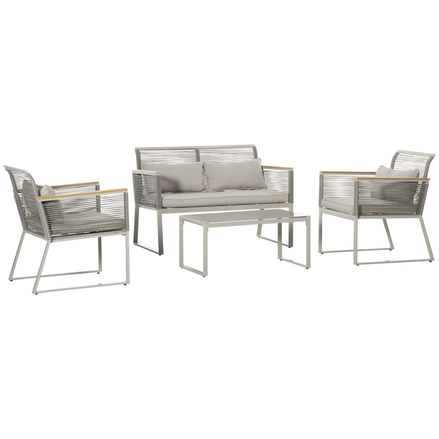 4-Seater Patio Wicker Sofa Set with Metal Frame, PE Rattan, Tempered Glass Table, Grey