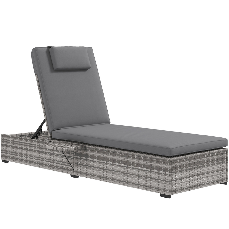 Outsunny Rattan Lounger with Cushion, 5-Level Reclining Rattan Sun Lounger, Grey